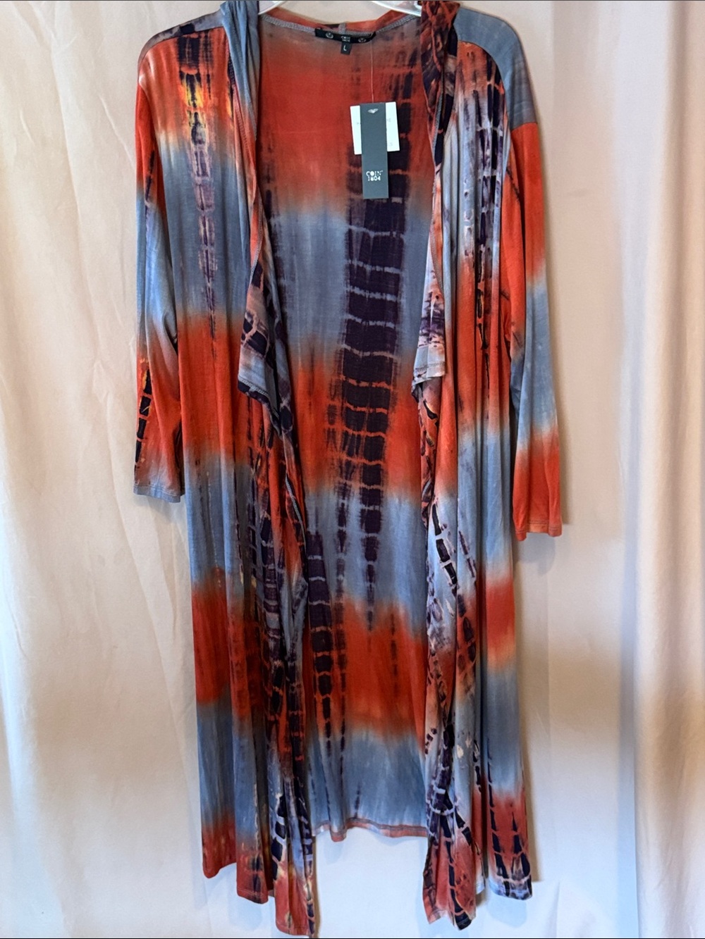 Geometric Tie-Dye Long Open Cardigan - Red & Gray